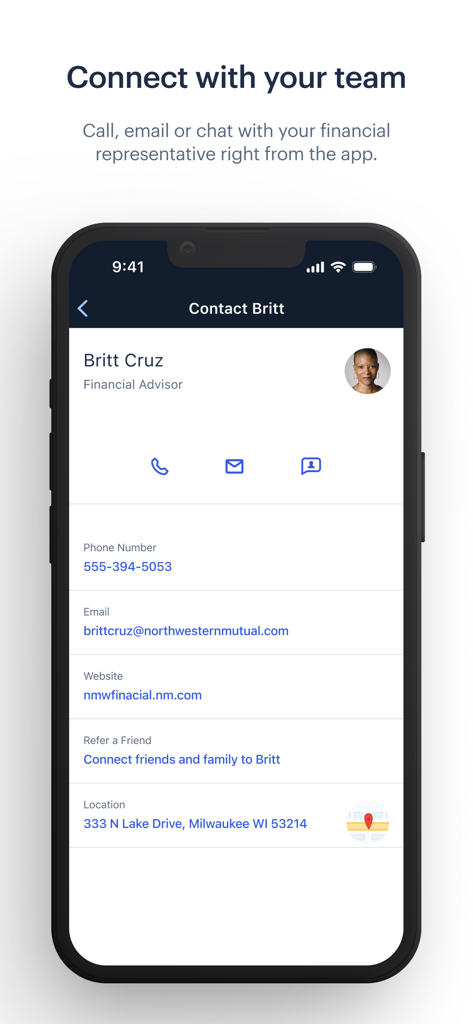 Northwestern Mutual - Contact screen for a financial advisor in the Northwestern Mutual app