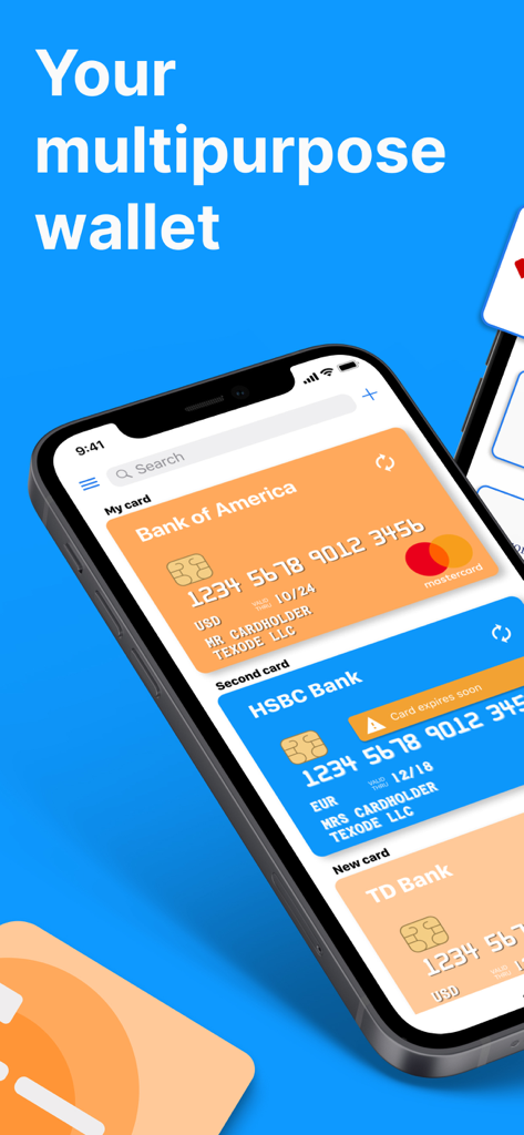 Secure Card Manager & Wallet - La aplicación Secure Card Manager mostrando varias tarjetas de crédito en un iPhone