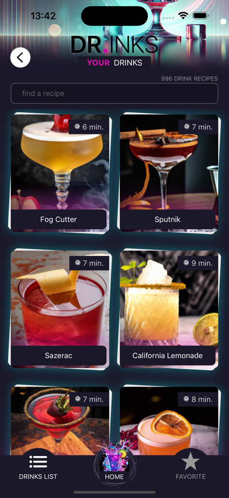 A mobile interface of the dr.inks app displaying a gallery of cocktail recipes including Fog Cutter and Sazerac with their respective preparation times