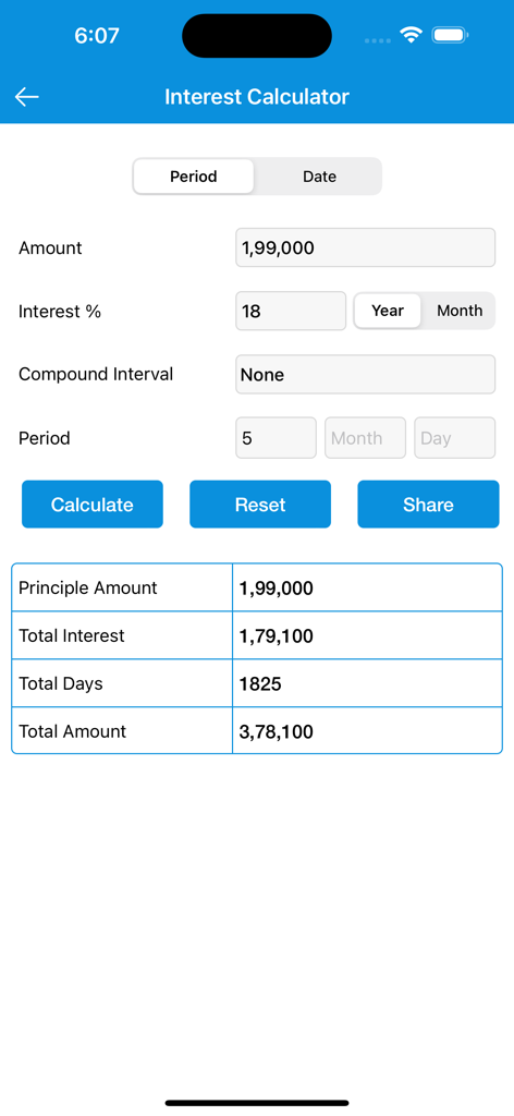A mobile app screen for calculating interest on investments with a results table