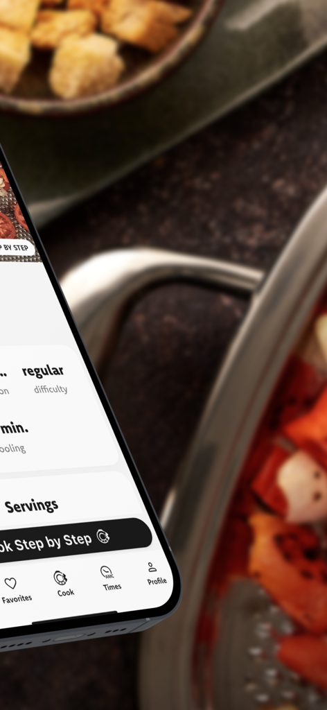 AbyAMC Cook & Go - Smartphone displaying the AbyAMC Cook and Go app interface with guided cooking steps and recipe details