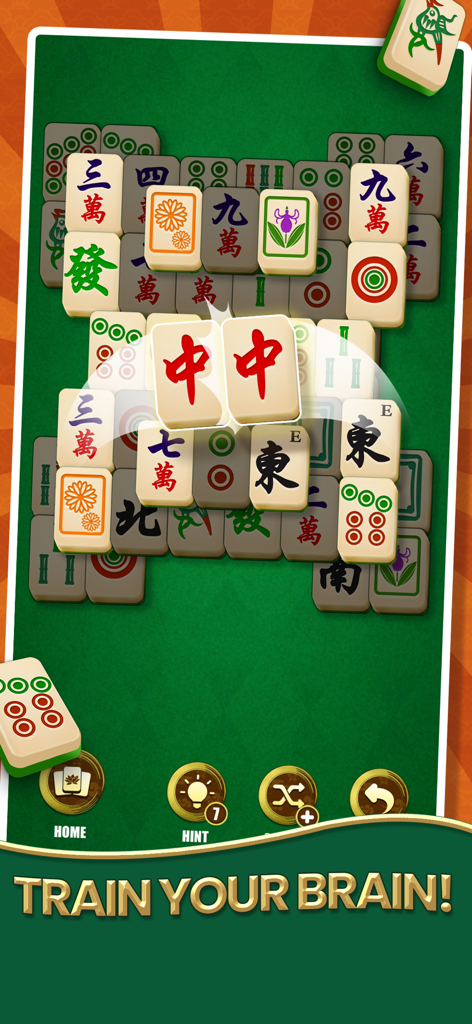 Mahjong Solitaire - Master - Mahjong Solitaire Master juego mostrando un puzle de emparejar fichas con el texto Train Your Brain