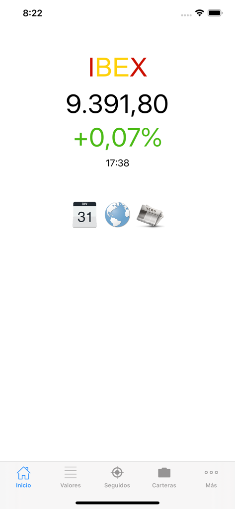 Mobile app screen displaying IBEX 35 stock index value and news icons