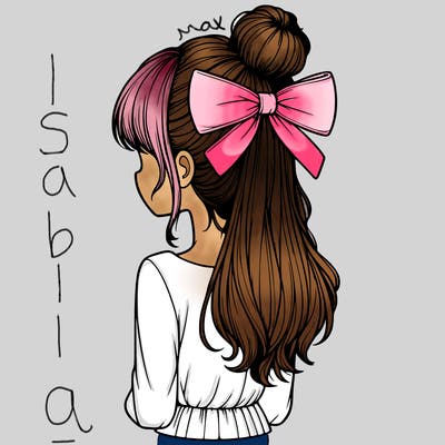 realistic girl  with hip length hair a bun and a big bow on the back of head