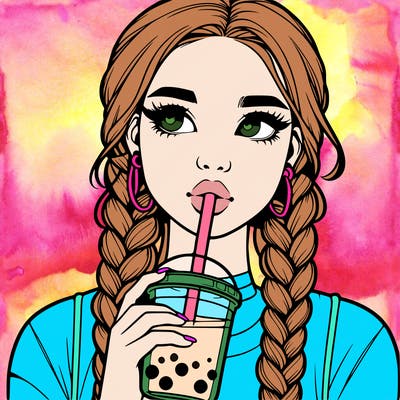 realistic girl with braided hair drinking boba