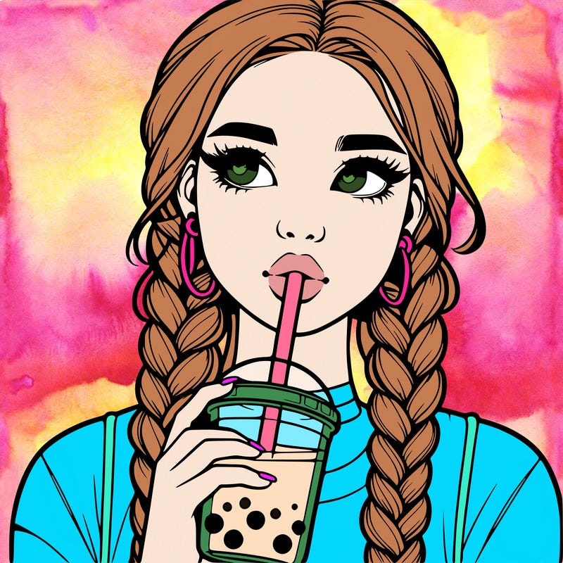 realistic girl with braided hair drinking boba
