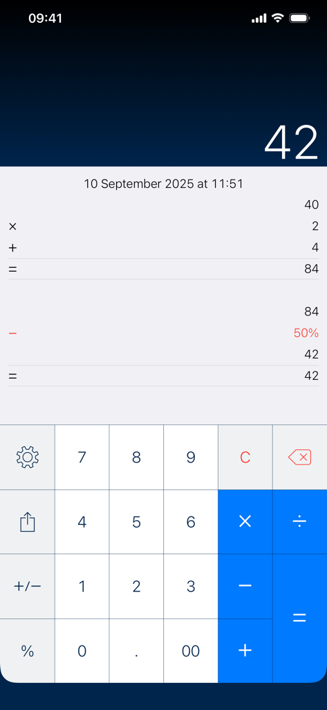 PCalc app interface displaying the paper tape feature with a history of calculations and final result