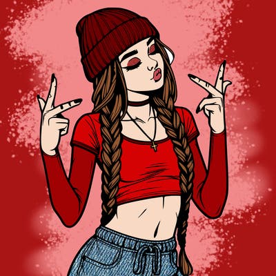 realistic teenage girl with braids and a beanie and crop top doing 🫶🏼