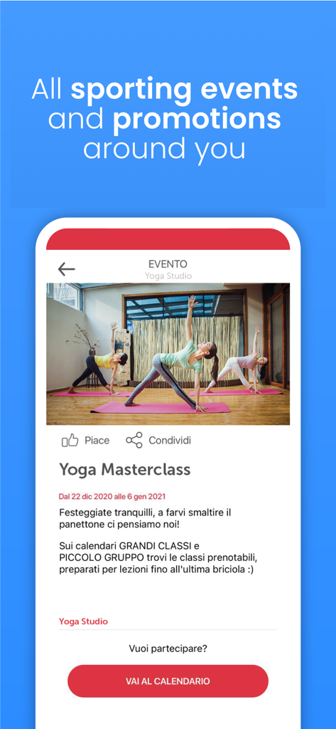 Captura de ecrã da aplicação Sportclubby mostrando uma página de reserva de evento de masterclass de yoga com detalhes da aula e link para o calendário