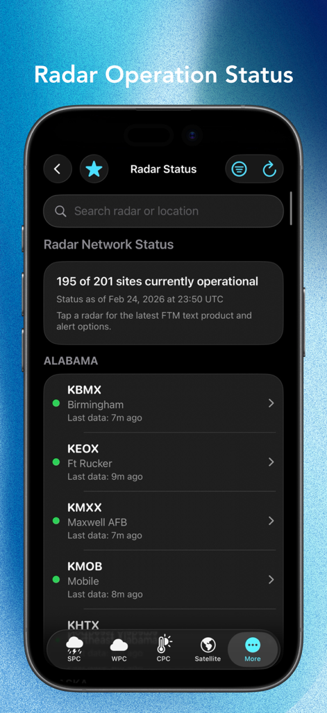 StormBase app interface showing real-time operational status for the US weather radar network