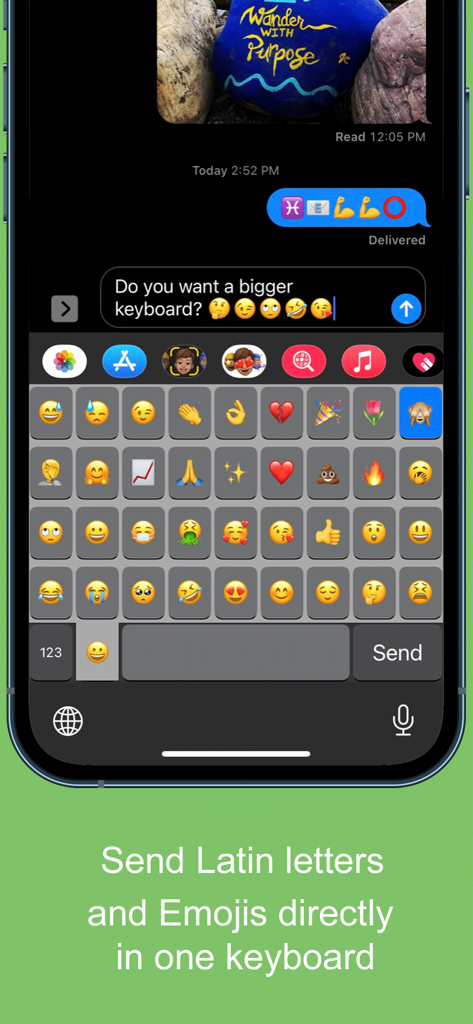 A mobile screenshot showing a large grid of emojis on the Highlighted Large Keyboard app interface.