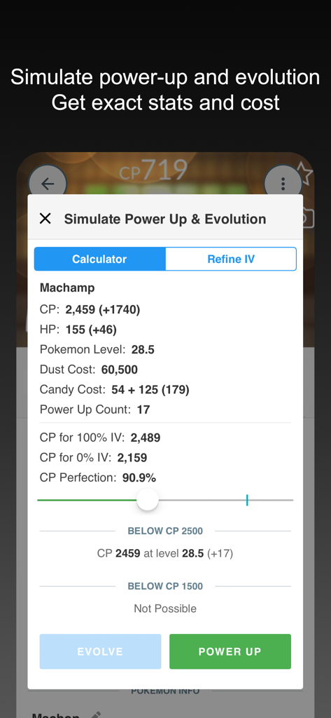 Interface da aplicação Poke Genie mostrando o simulador de aumento de poder e evolução para um Machamp.
