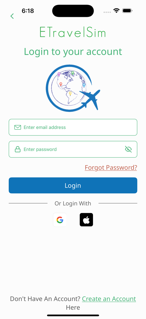 eTravelsim - Travel eSim - GoogleまたはAppleでのサインインオプションを備えた、メールとパスワードフィールドを備えたeTravelsimアプリのログイン画面。