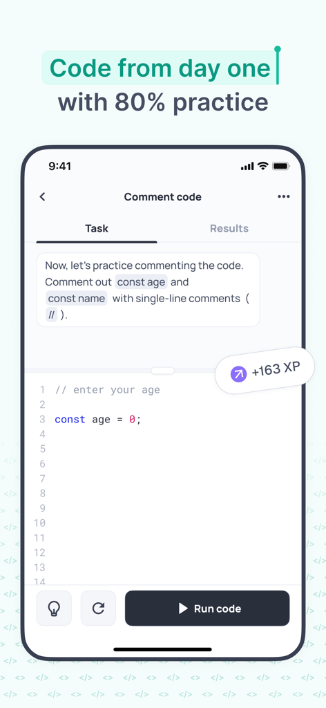 Kodree (Formerly Knowely) - Captura de pantalla de la aplicación Kodree que muestra una lección de programación móvil con un editor de código y recompensa de puntos XP