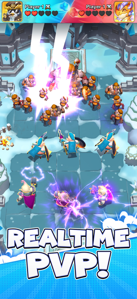 Merge Battle: PvP Arena - A real-time PvP battle scene in Merge Battle showing evolved pets attacking enemies with lightning skills on a tactical arena grid.