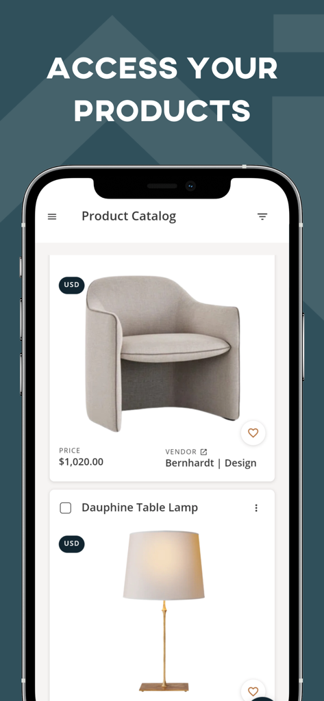 Mydoma Studio - Mydoma Studio app interface showing the interior design product catalog with furniture items.