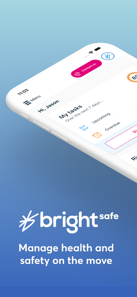 BrightSafe mobile app home screen showing health and safety task management