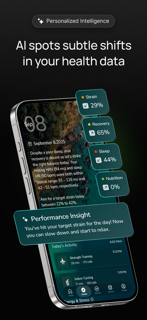 Sonar - Health & Performance - Sonar app interface on a smartphone showing AI powered health insights for recovery strain and sleep