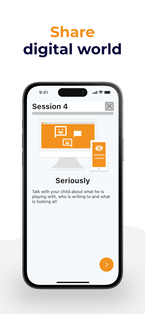 Digital Parenting - Una pantalla de aplicación móvil titulada Comparte el mundo digital que aconseja a los padres hablar con sus hijos sobre sus actividades en línea y contenido sensible.