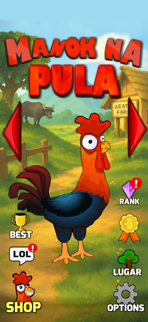 Manok Na Pula - Multiplayer - Main menu of the Manok Na Pula game featuring a cartoon rooster on a farm background with game icons