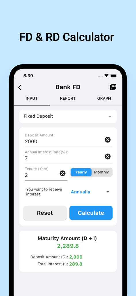 Financial Calculator Pro - Financial Calculator Pro app screen for calculating Bank Fixed Deposit maturity amounts.
