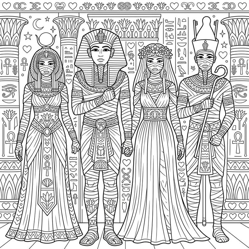 Discover a one-of-a-kind coloring experience featuring majestic Royal Mummies intertwined with vibrant Pride themes. This intricate page invites you to blend ancient history with a celebration of diversity and love.