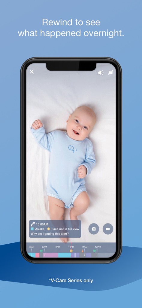 Pantalla de smartphone mostrando la aplicación MyVTech Baby Plus con transmisión de video de un bebé y línea de tiempo de actividad de sueño