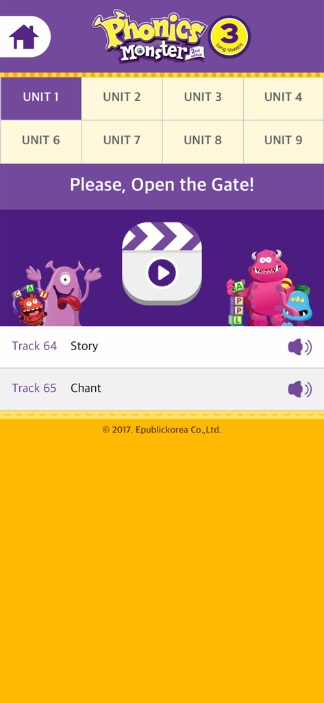 Phonics Monster 2nd - フォニックスモンスター 2ndアプリインターフェース、ユニット1の選択とストーリーおよびチャントのオーディオトラックを示す。