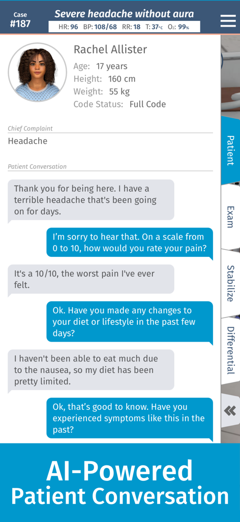 Full Code Medical Simulation - Full Code Medical Simulation app screen showing an AI-powered patient history taking conversation between a clinician and a virtual patient