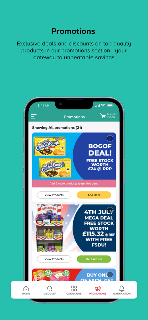 World of Sweets - The promotions screen of the World of Sweets B2B app showing wholesale candy deals and seasonal discounts for convenience retailers