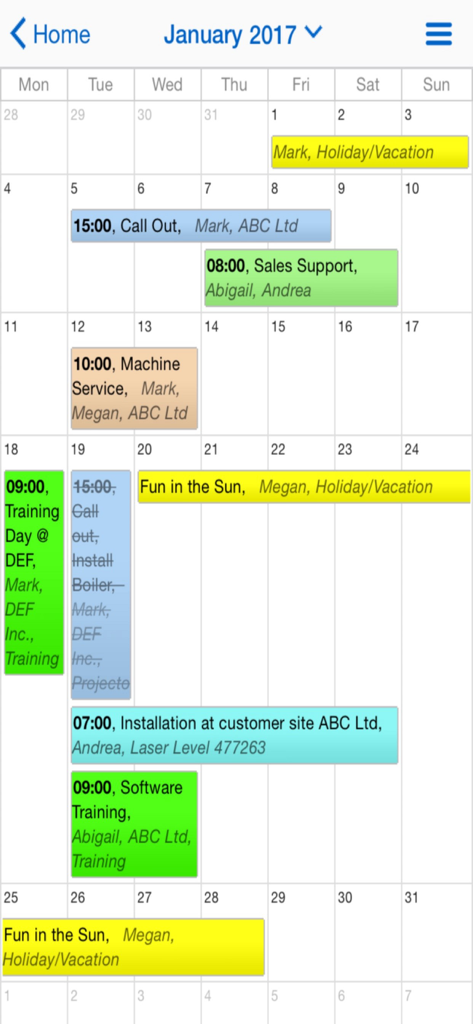 Schedule it Resource Planner - Interfaccia del calendario mensile dell'app Schedule it Resource Planner che mostra gli orari del personale e delle attività.