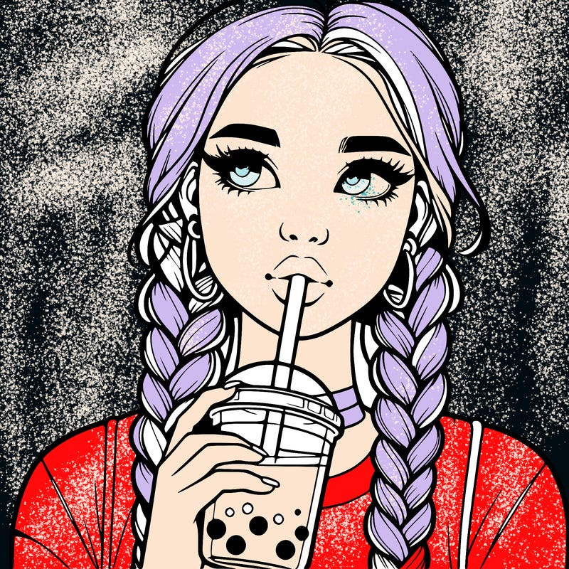 realistic girl with braided hair drinking boba