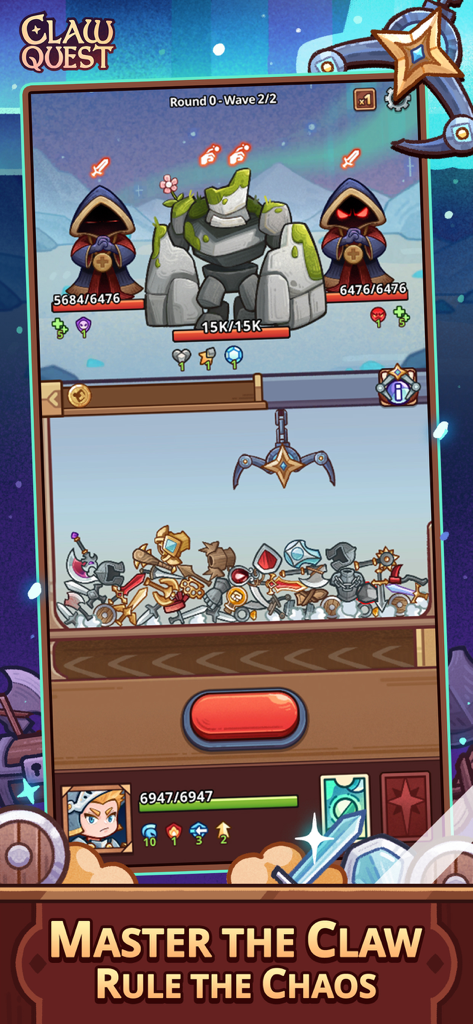 Claw Quest: Roguelike RPG - A mobile game screenshot of Claw Quest showing a claw machine mechanic for collecting items to battle monsters in a roguelike RPG setting.