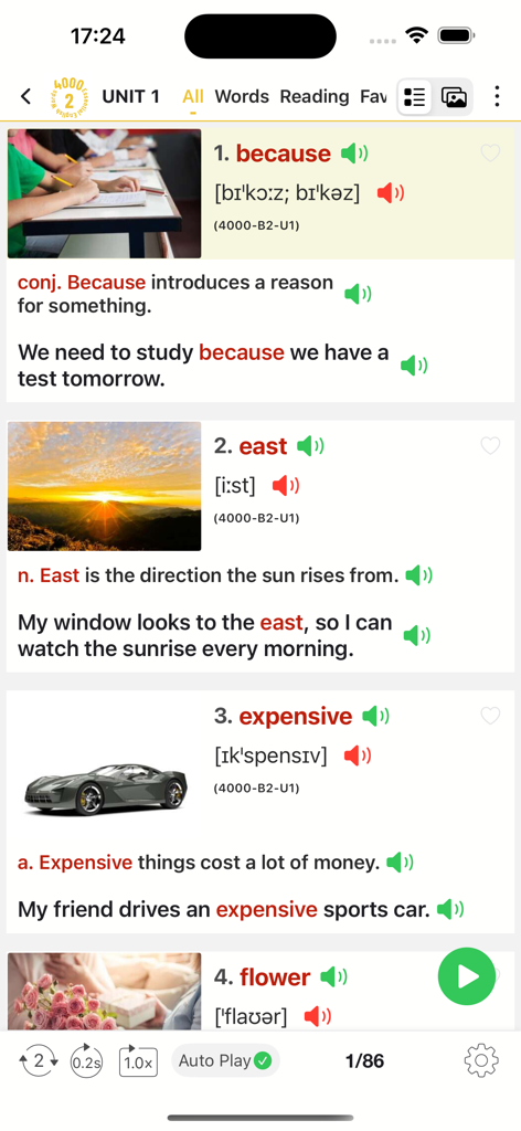 4000 Essential English Words ⑵ - Una captura de pantalla de la lista de vocabulario en la aplicación 4000 Essential English Words que muestra palabras con definiciones y controles de audio.