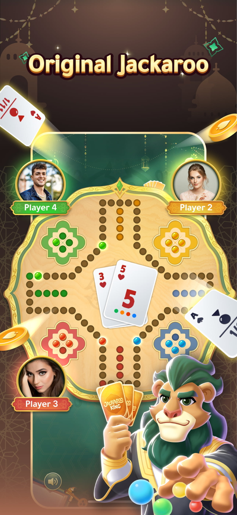 Jackaroo King - Original - A four-player online match of Jackaroo King showing the traditional board with marbles and cards on a mobile interface.