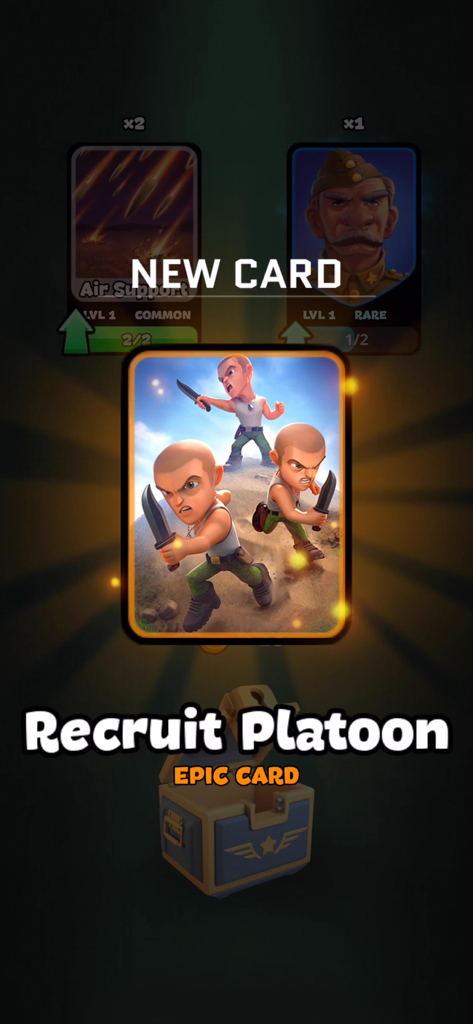 Recruit Platoon epic card unlock screen in War Heroes Strategy Card Games.