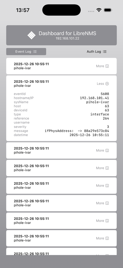 Dashboard for LibreNMS - Dashboard for LibreNMS app interface showing the event log with expanded device details