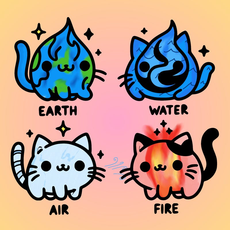 4 cats that represent the different elements, earth, water, air, and fire