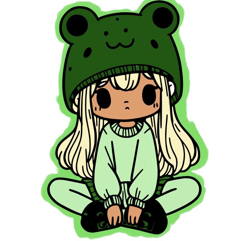 a girl wearing a frog hat and some frog socks