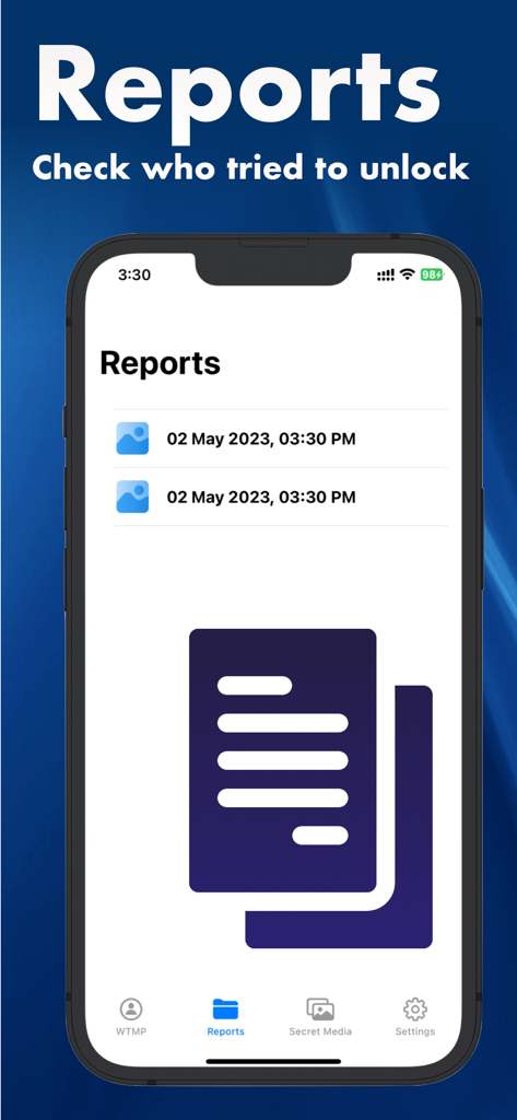 WTMP - Who Touched My Phone. - Pantalla de informes de la aplicación WTMP que muestra una lista de intentos de desbloqueo de teléfono no autorizados con marcas de tiempo.