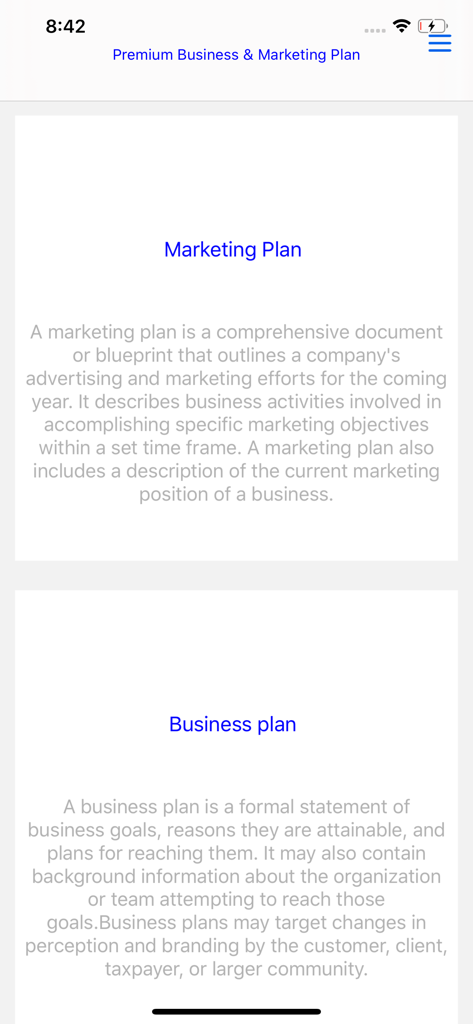 프리미엄 플랜 앱 화면에 마케팅 및 비즈니스 계획 정의가 표시됨