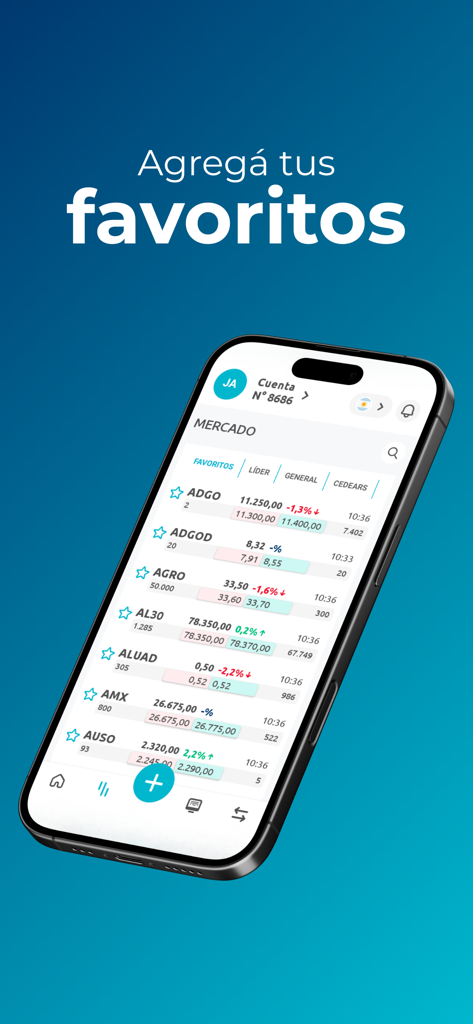 Rava Bursátil - A smartphone screen displaying a list of favorite stocks and real time quotes on the Rava Bursatil app