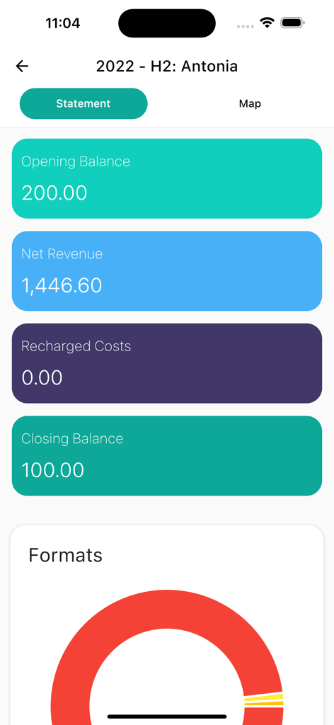 A mobile interface for Curve Royalties showing a statement summary with opening balance, net revenue, and closing balance figures for a music artist.