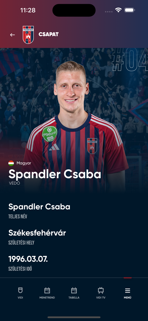 Vidi app - Player profile page of defender Spandler Csaba in the official Fehérvár FC Vidi app showing his photo and biographical details
