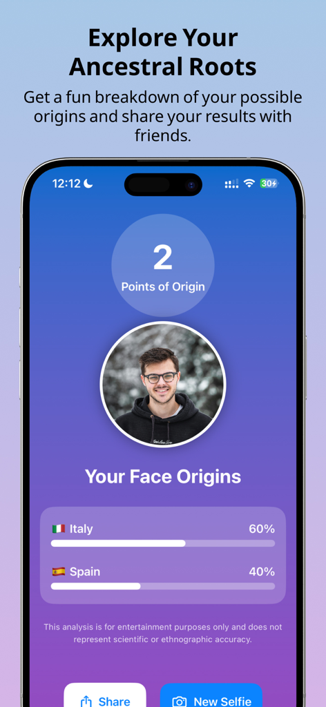 Face Origins: AI World Match - Interfaz de la aplicación Face Origins que muestra raíces ancestrales generadas por IA y porcentajes de países basados en una selfie del usuario.