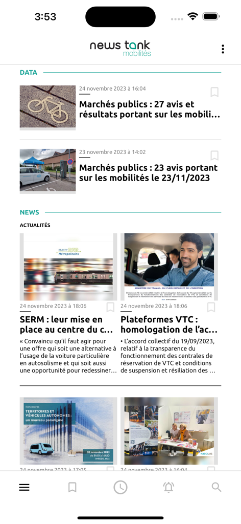 News Tank - Aplicativo móvel News Tank mostrando notícias e dados profissionais para o setor de mobilidade.