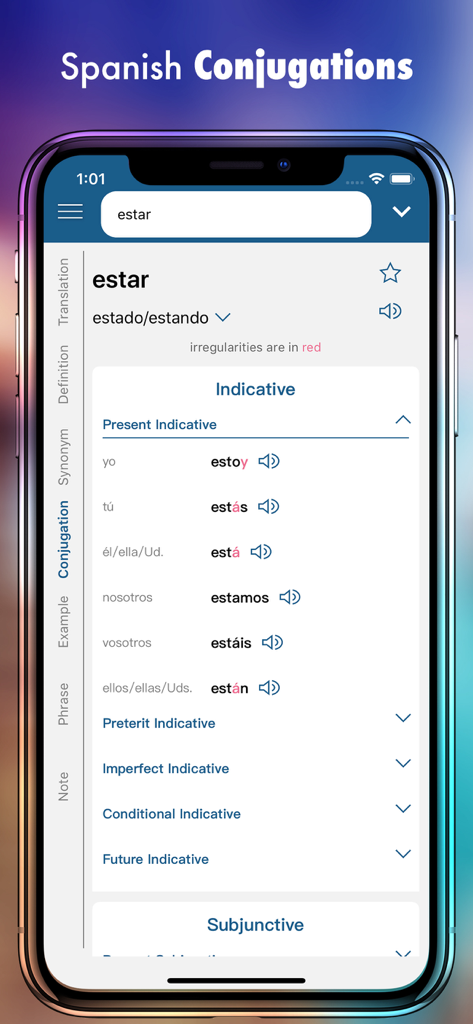 Spanish Plus Dict & Translator - Spanish Plus app displaying the present indicative conjugation of the verb estar with audio pronunciation icons