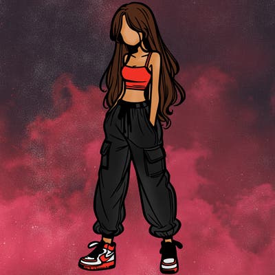 girl in baggy pants crop top and long hair