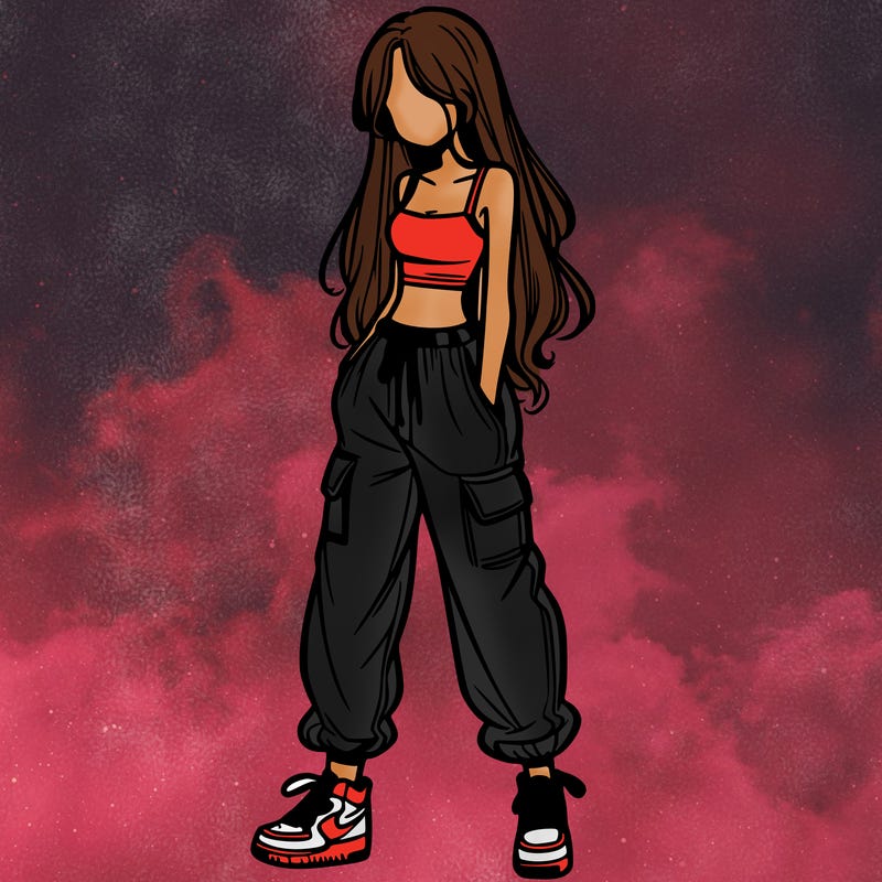 girl in baggy pants crop top and long hair