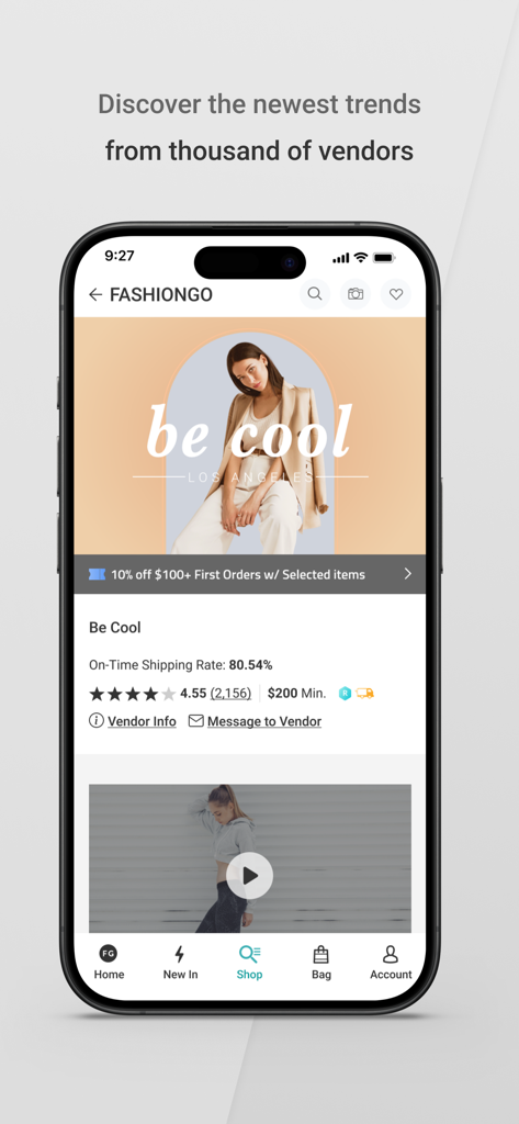 Screenshot of the FashionGo Wholesale app showing a vendor profile for Be Cool with clothing trends and shipping details
